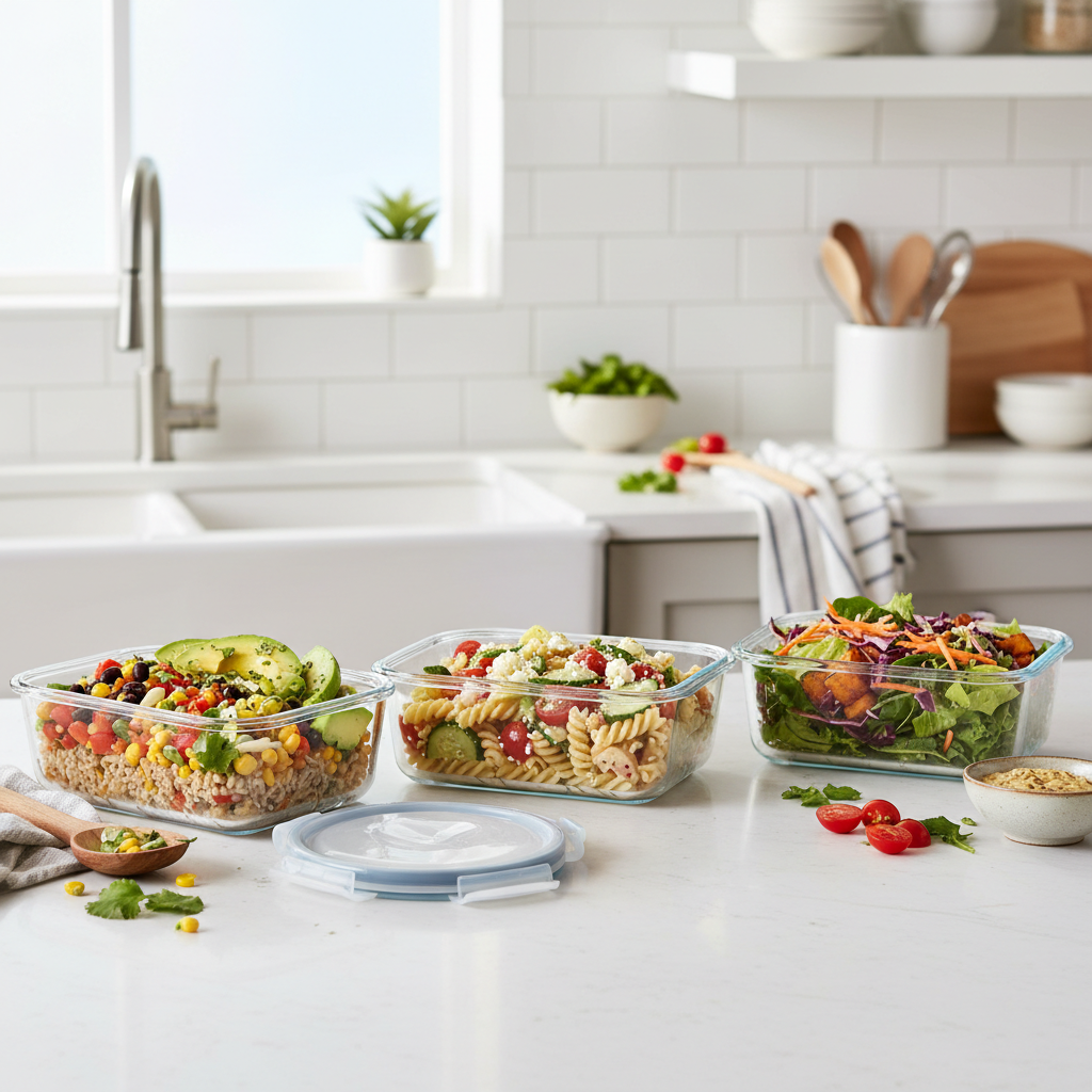 Meal prep containers with budget-friendly recipes: rice bowls, pasta, and salads arranged beautifully